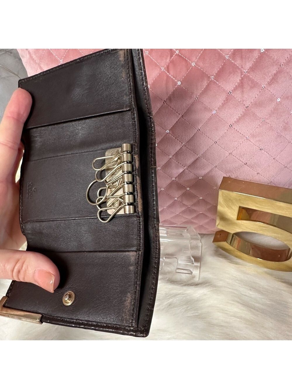 AUTHENTIC GUCCI SHIMA GG LOGO BROWN LEATHER 6 RING KEYCASE TRIFOLD WALLET - Picture 14 of 15